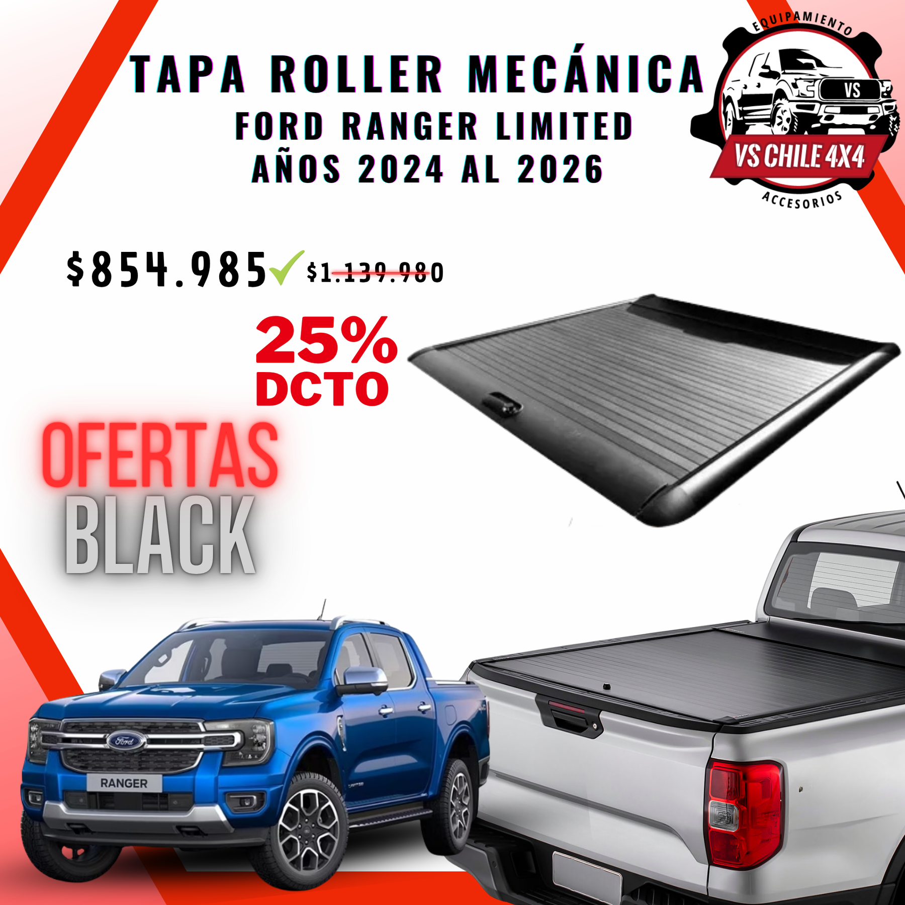 Tapa Roller Mecánica Ford Ranger LIMITED 2024 - 2026