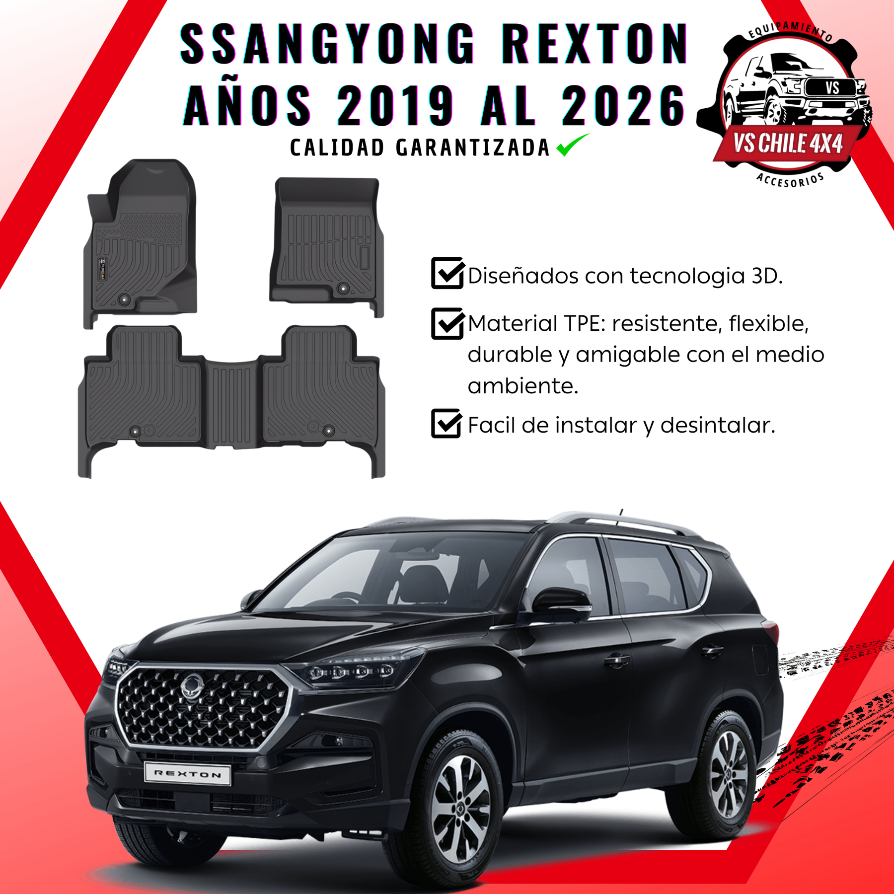 Pisos Calce Perfecto SsangYong Rexton 2019–2026 | Goma TPE | VS Chile 4x4