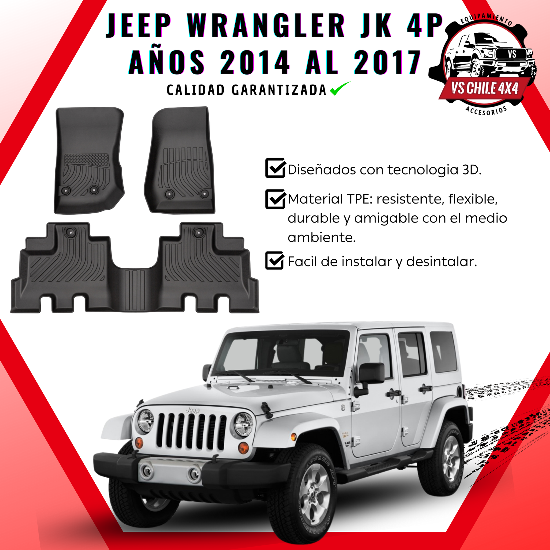 Pisos Calce Perfecto JEEP Wrangler JK 4 puertas años 2014 al 2017