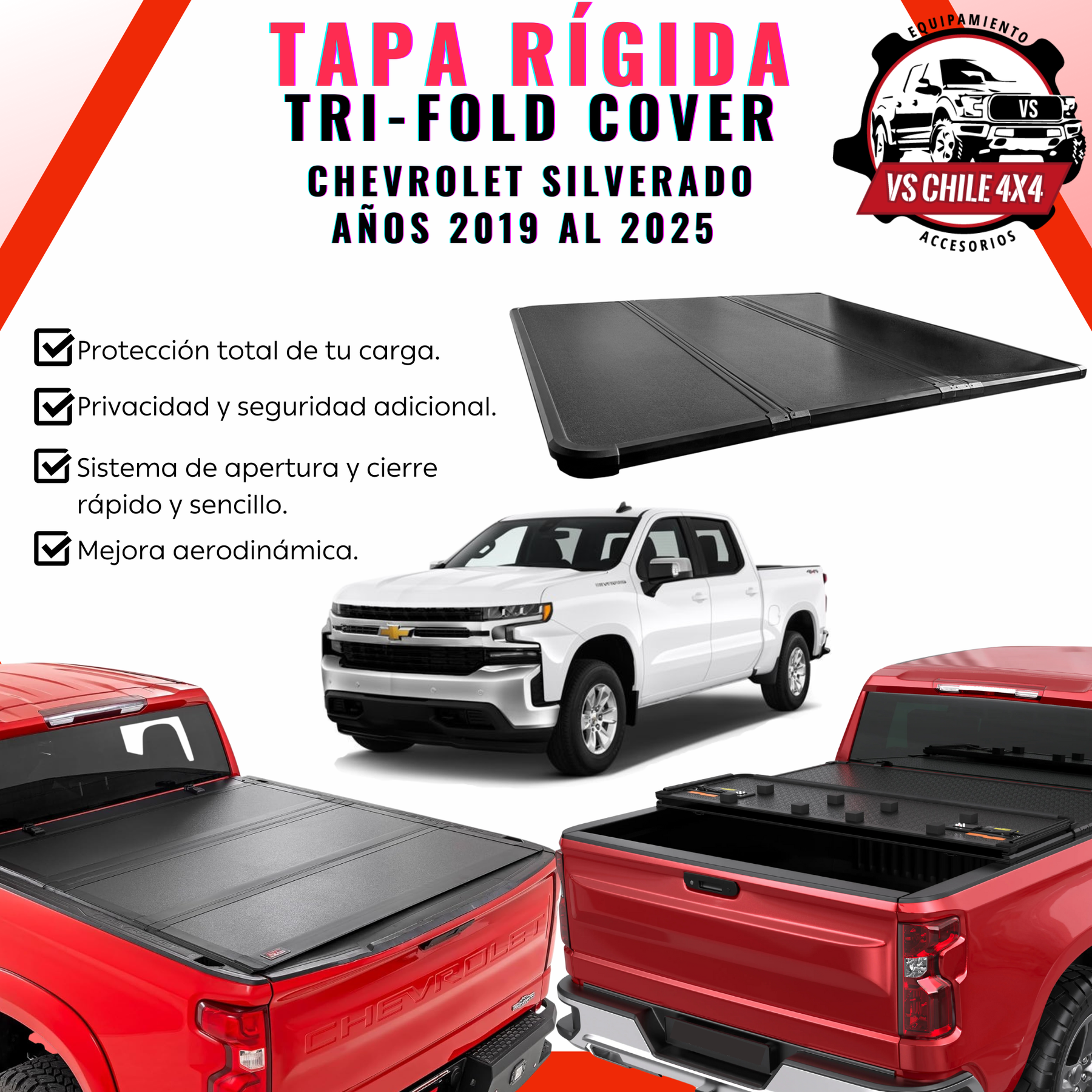 TAPA PLEGABLE RÍGIDA PARA CHEVROLET SILVERADO DOBLE CABINA (2019–2025)