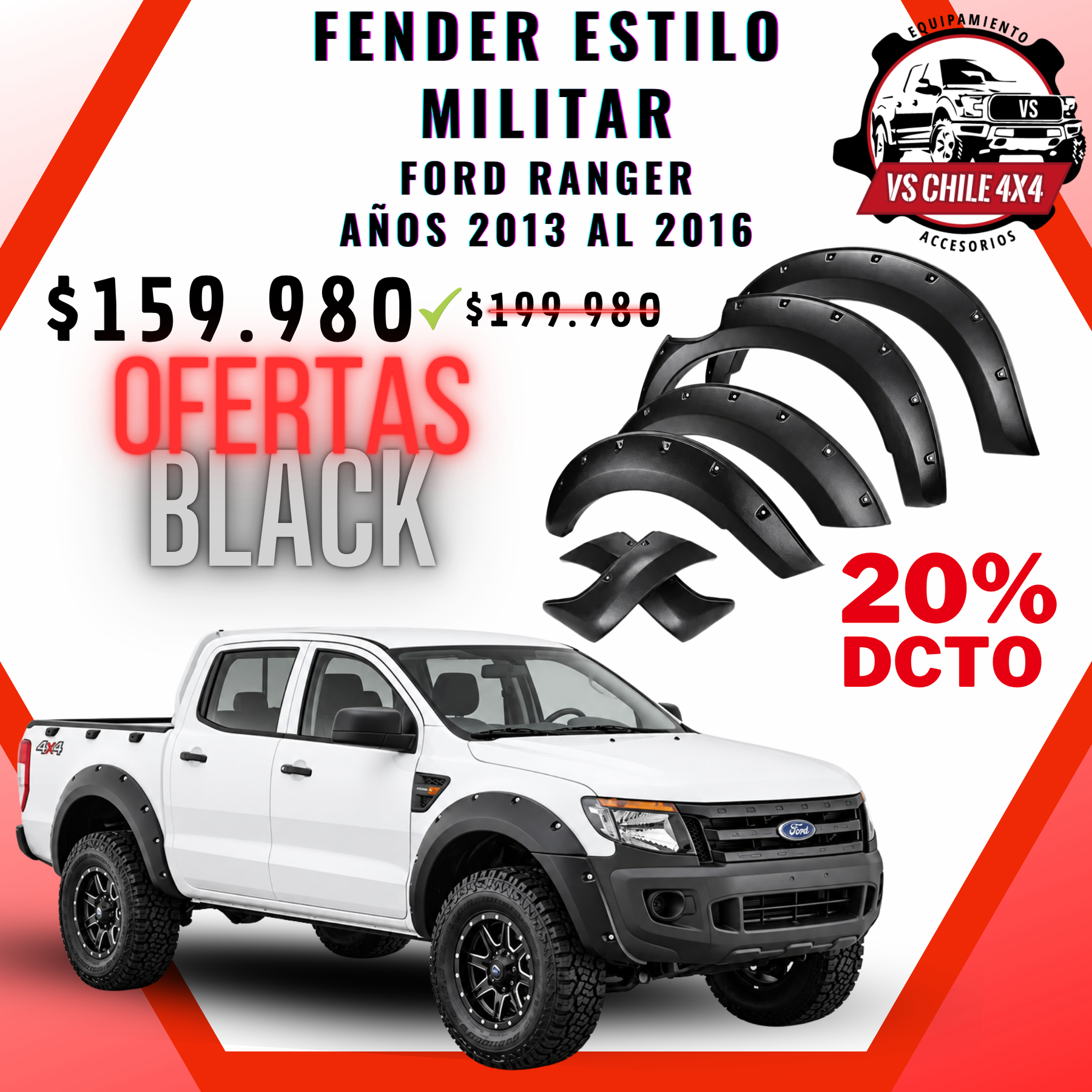 Fender / Fangueras estilo militar para Ford Ranger años 2013 al 2016
