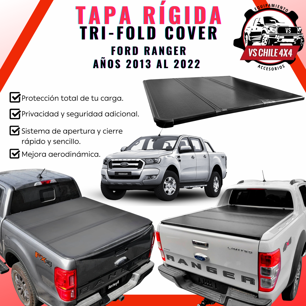 Tapa Plegable Rígida para Ford Ranger 2013–2022 y Ranger Raptor 1ra generacion | VS Chile 4x4
