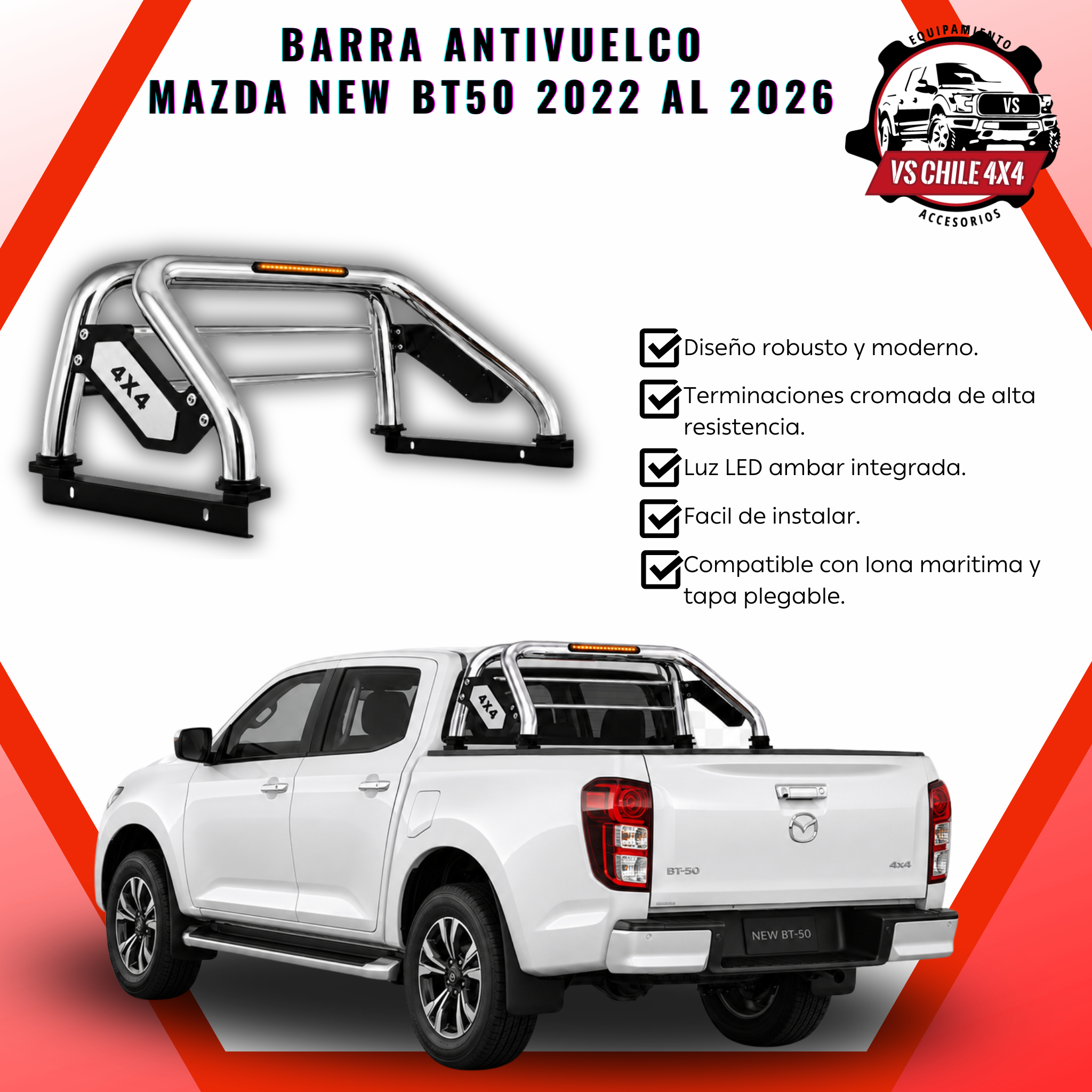 Barra Antivuelco Cromada Mazda New BT-50 2022-2026 con Luz LED