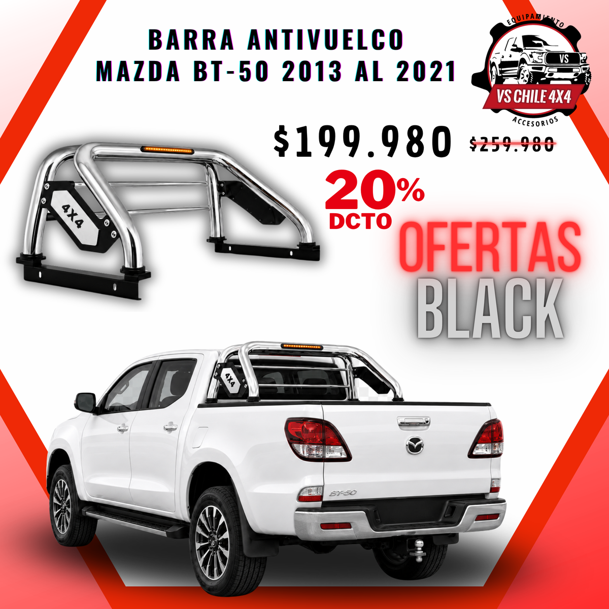 Barra Antivuelco Cromada Mazda Bt50 2013-2021 con Luz LED