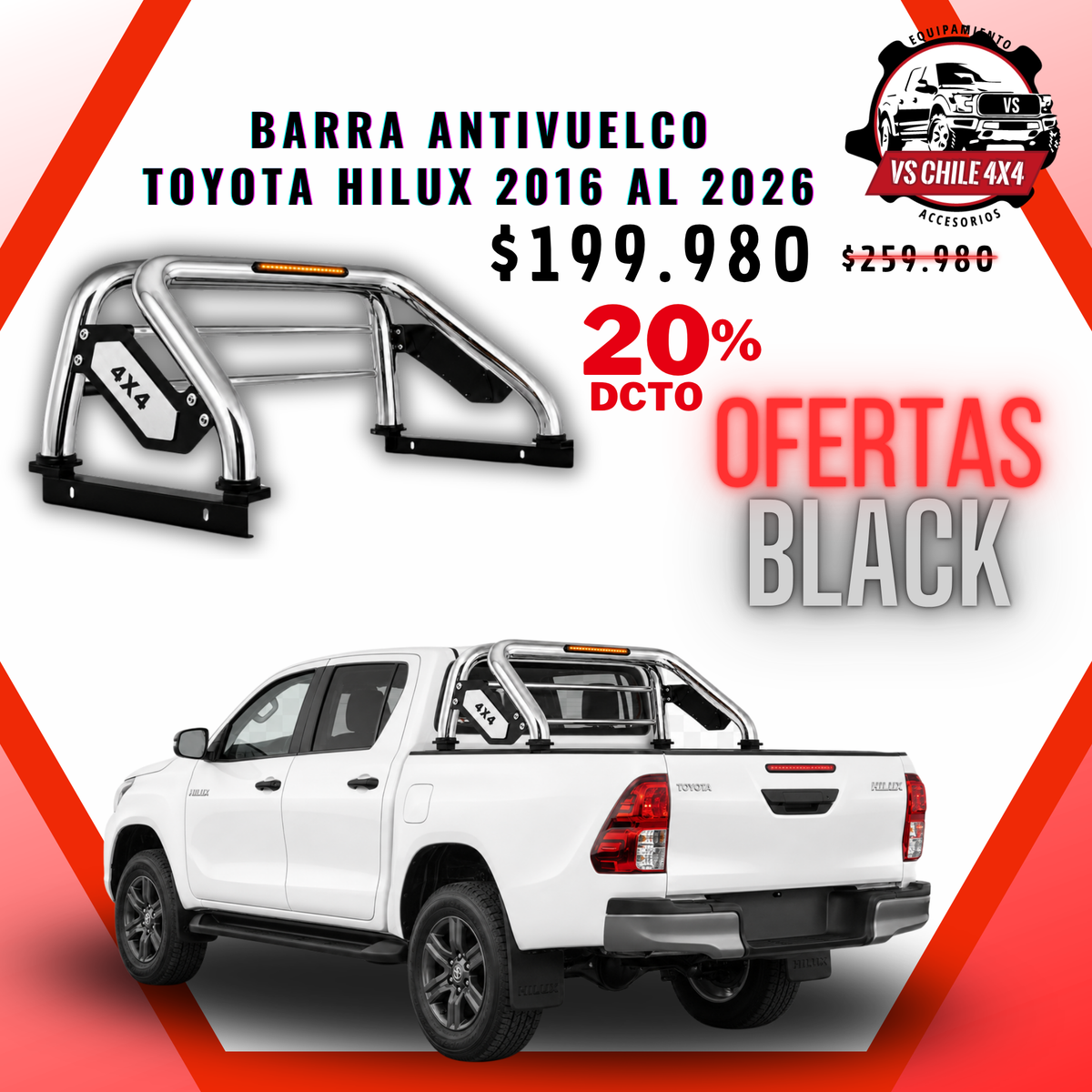 Barra Antivuelco Cromada Toyota Hilux 2016-2026 con Luz LED