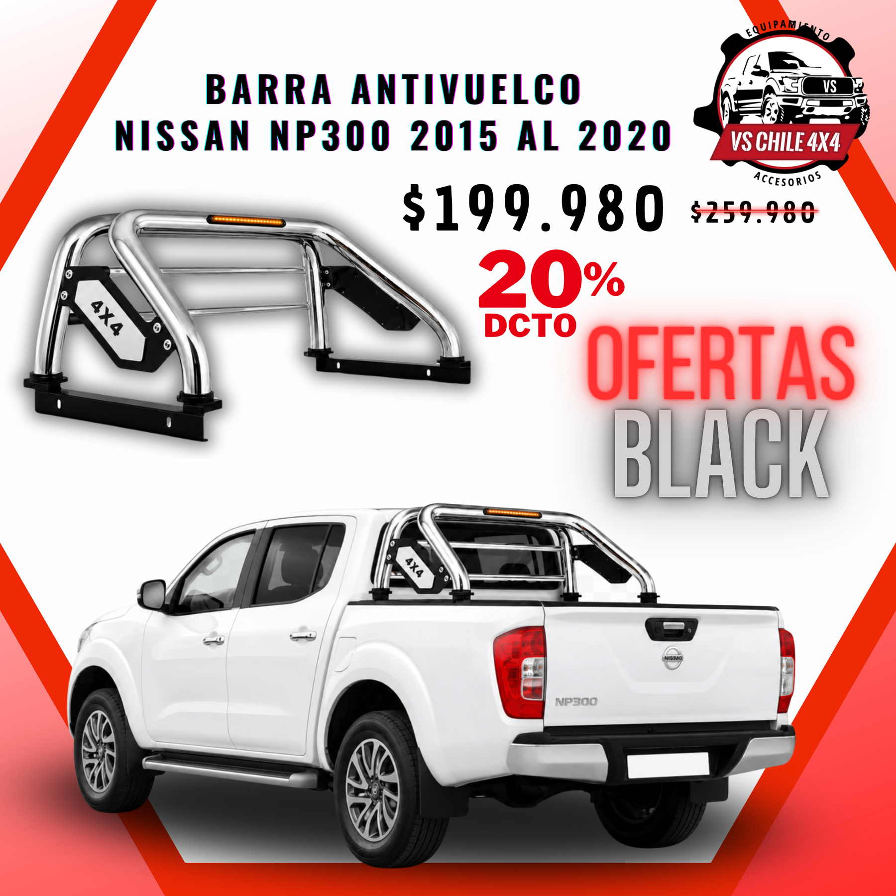 Barra Antivuelco Cromada Nissan NP300 2015-2020 con Luz LED