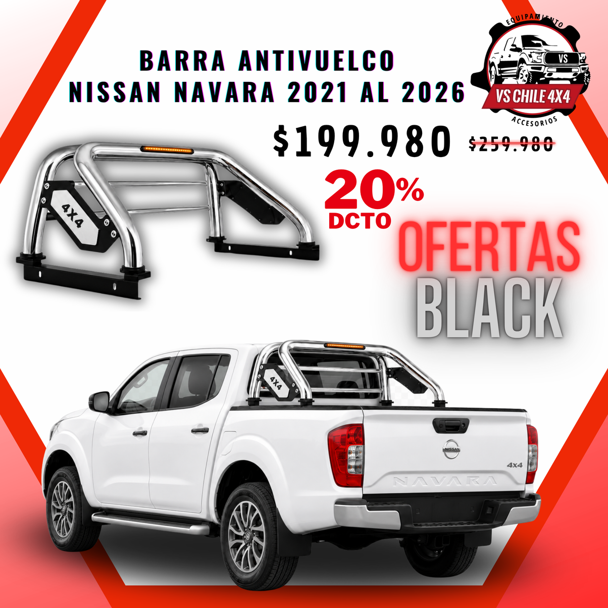 Barra Antivuelco Cromada Nissan Navara 2021-2026 con Luz LED