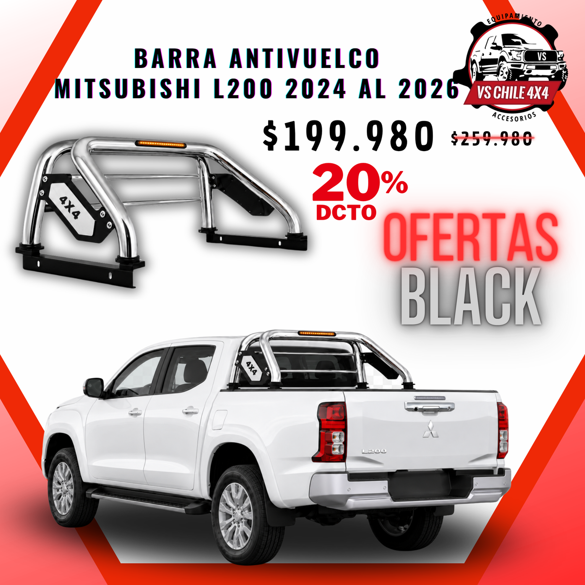 Barra Antivuelco Cromada Mitsubishi L200 2024-2026 con Luz LED