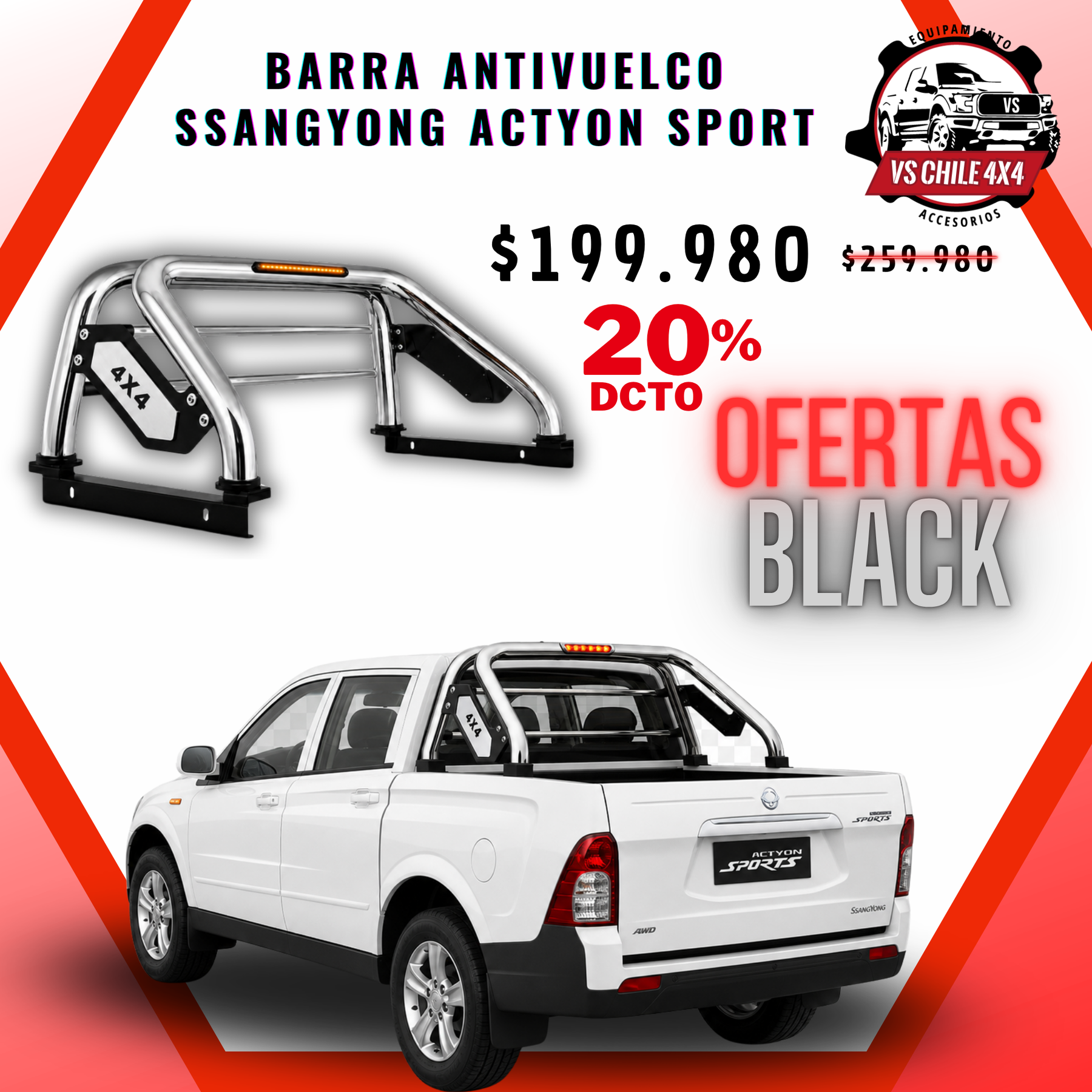 Barra Antivuelco Cromada Actyon Sport 2015-2026 con Luz LED