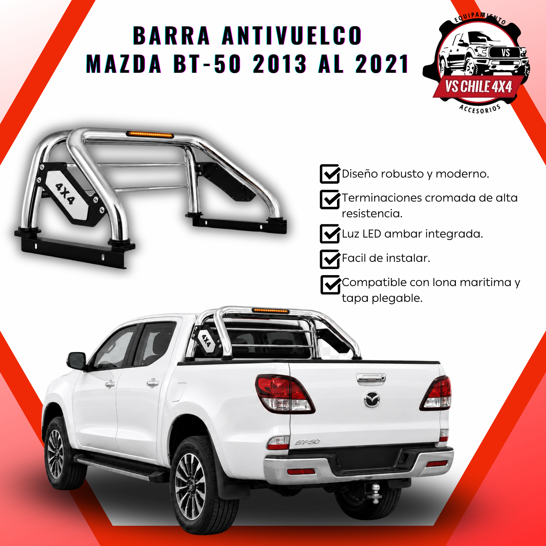 Barra Antivuelco Cromada Mazda Bt50 2013-2021 con Luz LED