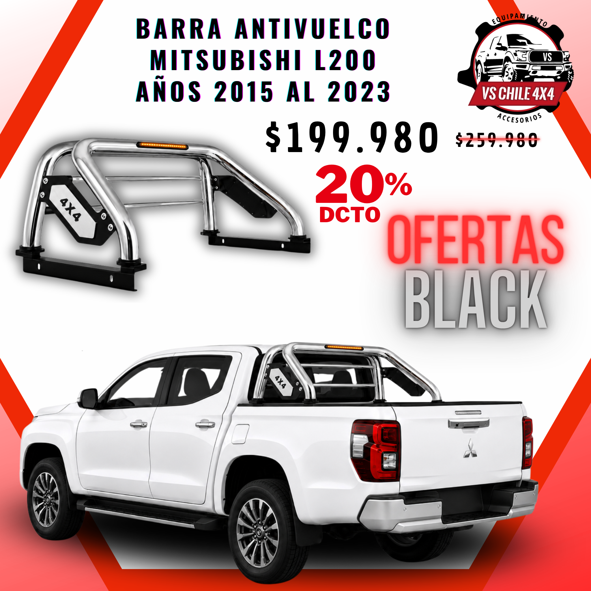 Barra Antivuelco Cromada Mitsubishi L200 2015-2023 con LED