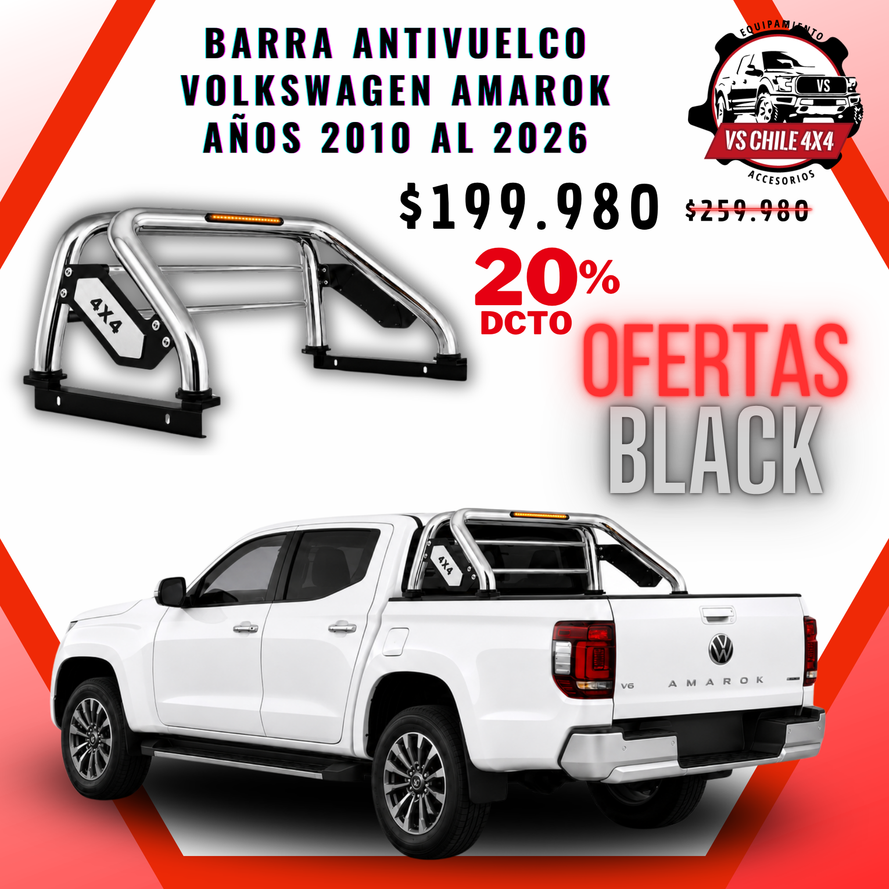 Barra Antivuelco Cromada Volkswagen Amarok 2010-2026 con Luz LED
