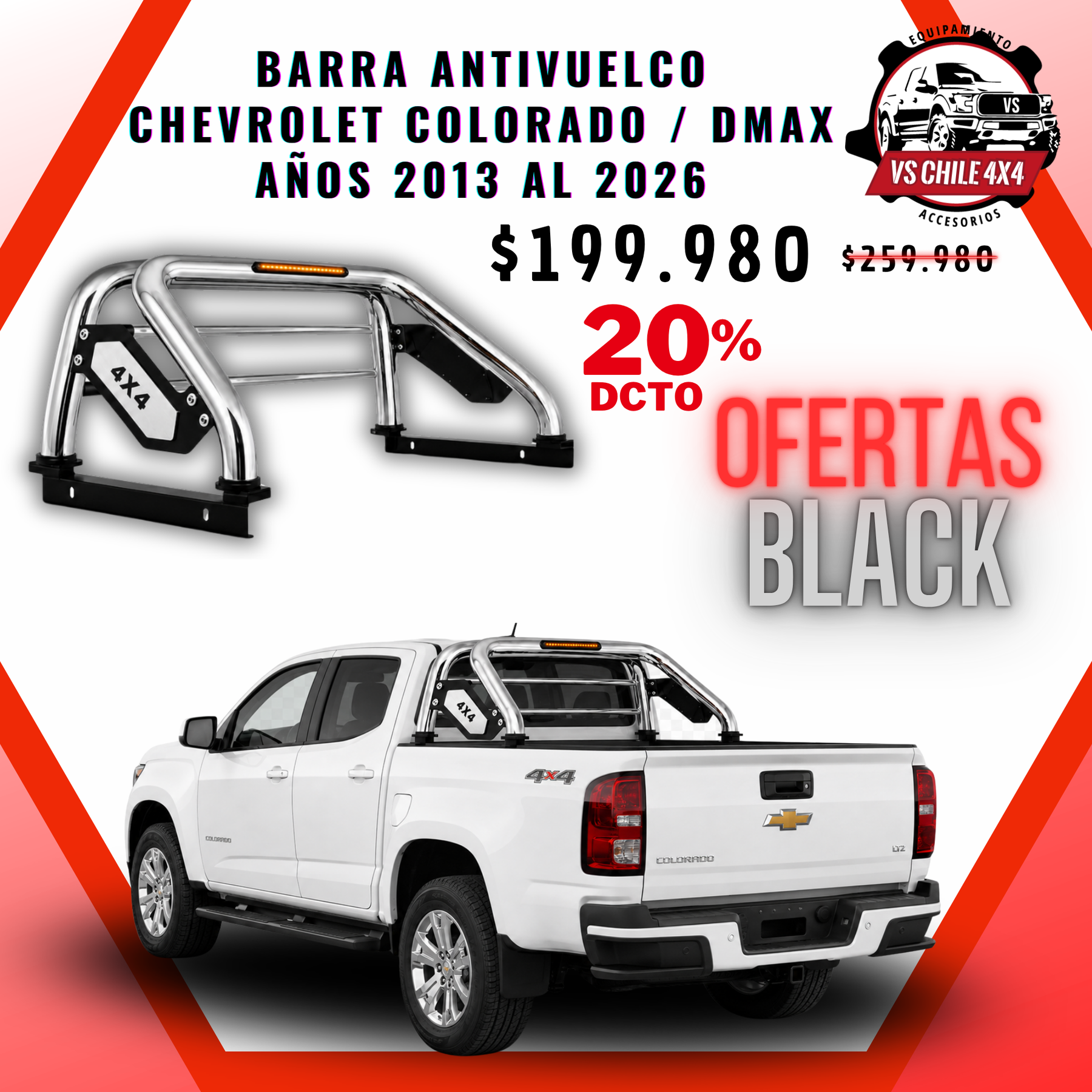 Barra Antivuelco Cromada Chevrolet Colorado / D-Max 2013-2026 con Luz LED