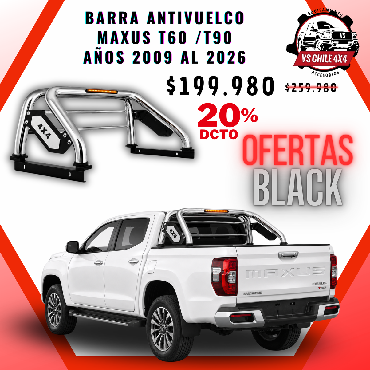 Barra Antivuelco Cromada Maxus T60 / T90 2009-2026 con Luz LED