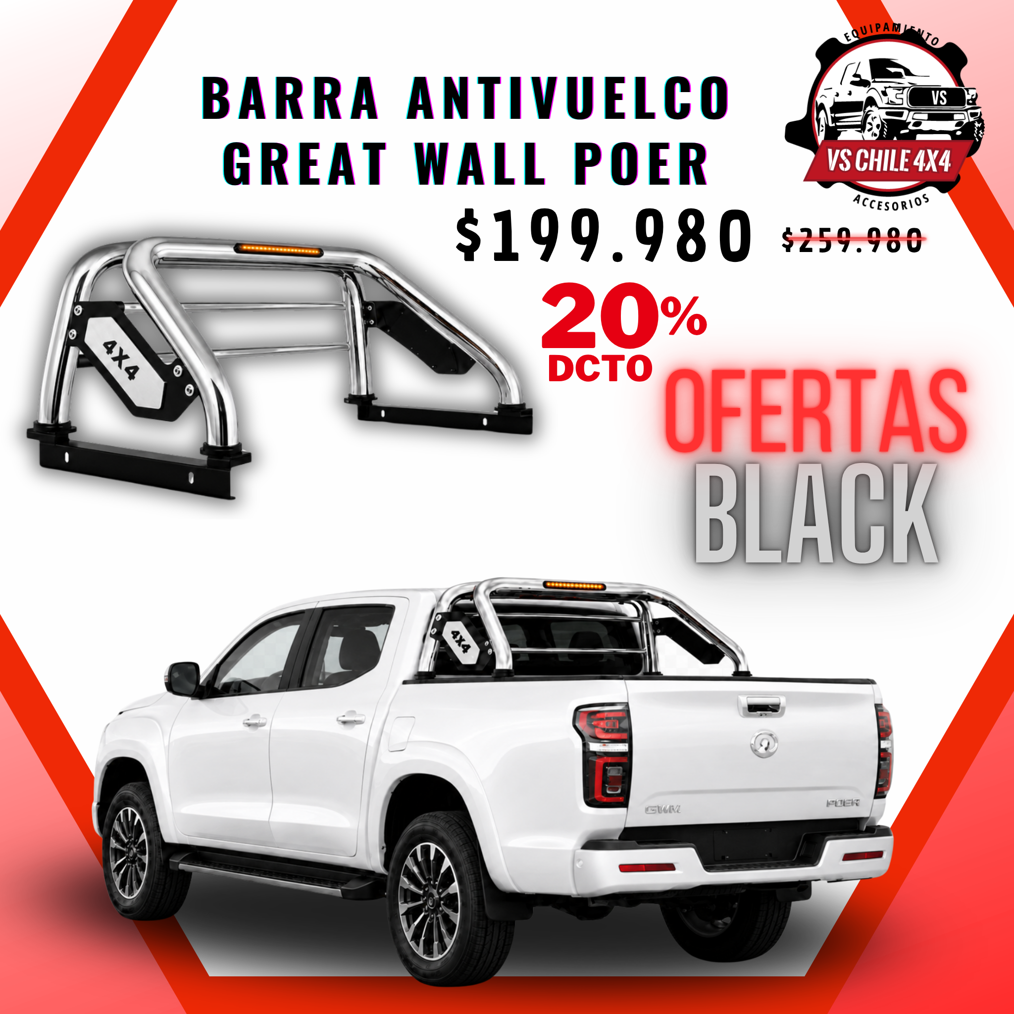 Barra Antivuelco Cromada Great Wall Poer con Luz LED