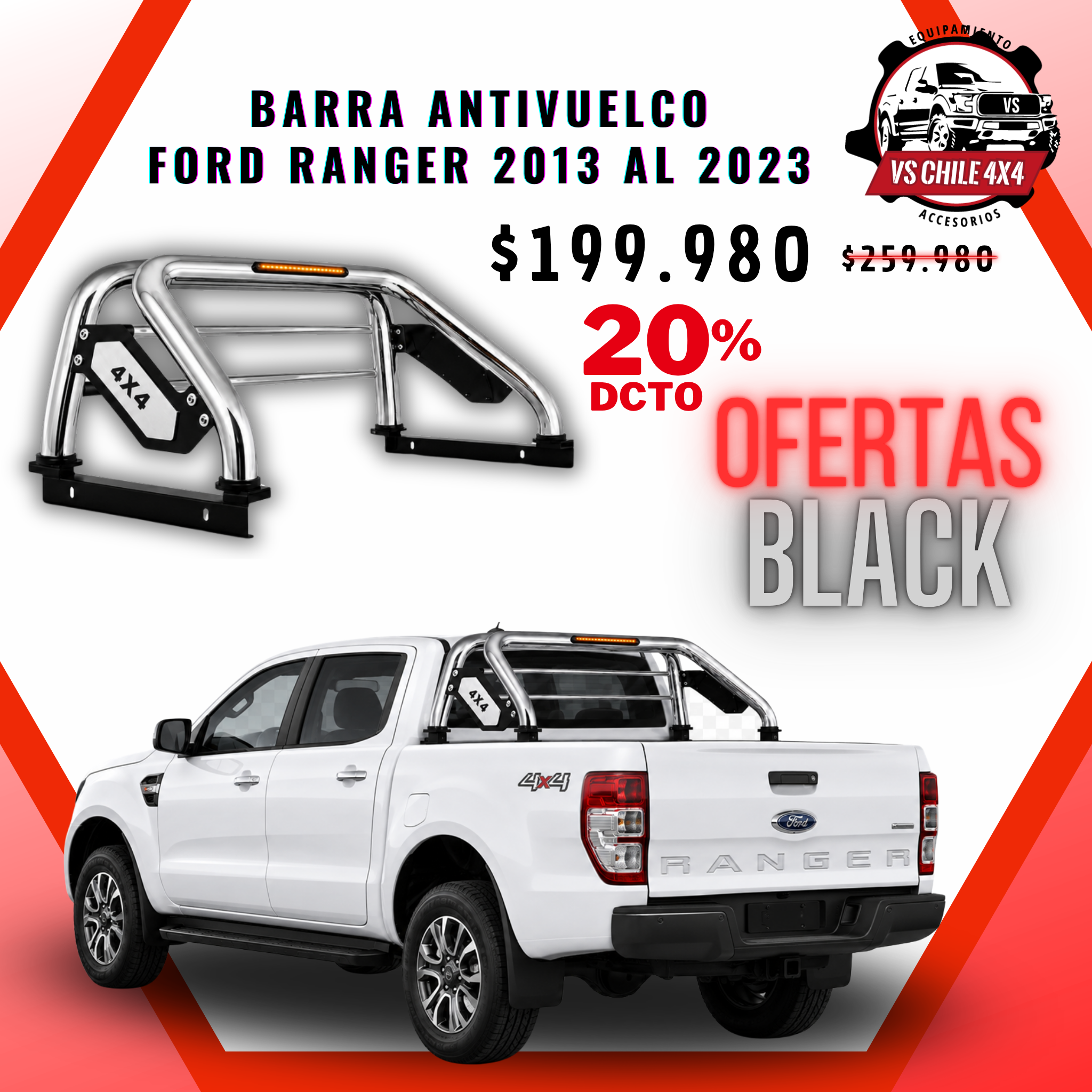 Barra Antivuelco Cromada Ford Ranger 2013-2023 con Luz LED