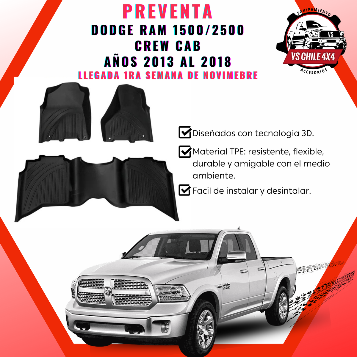 (PREVENTA) Pisos Calce Perfecto DODGE RAM 1500 (CREW CAB) años 2013 al 2018