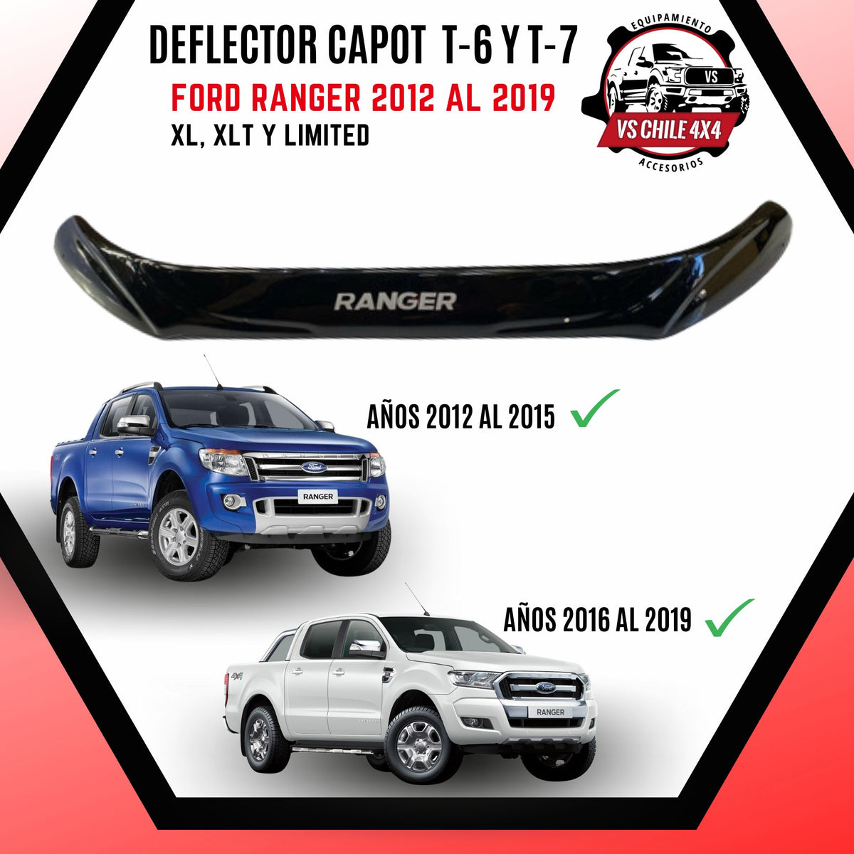 Deflector capot Ford Ranger T-6 y T-7 años 2012 al 2019